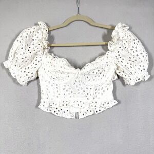 For Love and Lemons Top Women XS Becca Eyelet Crop Ruffle Puff Sleeve Sweetheart
